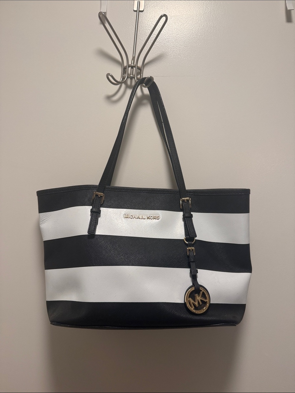 Michael Kors Black and White Striped Tote with Gold MK Charm